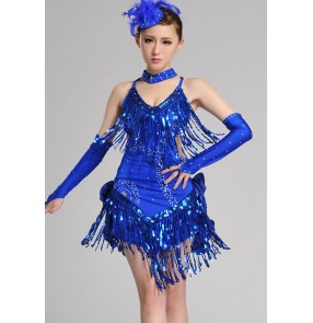 Purple royal blue red orange white violet yellow black fuchsia hot pink girls kids children women's adult performance competition professional sequins fringes latin salsa samba cha cha rumba dance dresses outfits